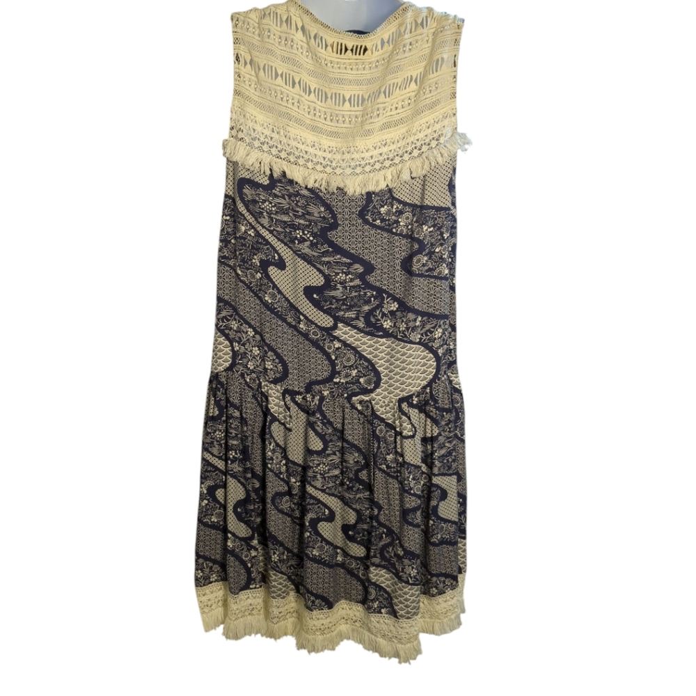SEA NY Rare Boho Crochet & Fringe Blue Paisley Dress SZ 10 NWOT - Picture 5 of 9